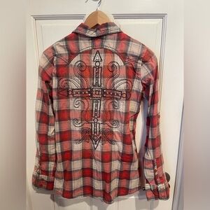 Roar Red and Gray Plaid Embroidered Shirt